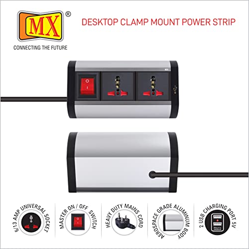 Image of MX Premium Power Console 16 Amp 6 Universal Sockets with 2 USB Charging Port Extension Board - with Removable Desk Clamp Power Strip Master Switch (Desk Clamp Power Strip-6 /13 AMP- 2 Outlets + 2 USB)