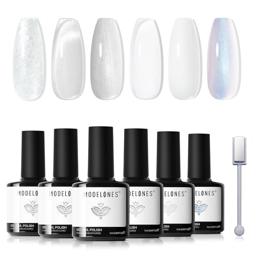 Image of modelones White Gel Nail Polish Set, 6 Colors Milky Jelly White Silver Cat Eye Pearl Glitter Gel Polish Kit with Cateye Magnet, Soak Off LED DIY Manicure Home Gift for Women