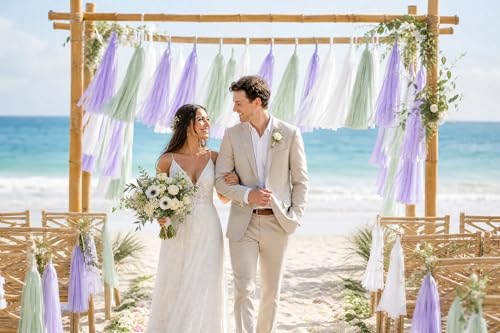 Image of Dusty Sage Green Purple Lavender Party Decorations Paper Tassel Garland Banner Streamers Wildflower Fairy Birthday Baby Shower Wedding Bachelorette Tea Party Nursery Wall Hanging Decor
