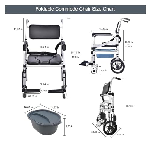 Silla de inodoro con ruedas, asiento acolchonado, silla para ducha plegable de aluminio para adultos mayores miniatura 6