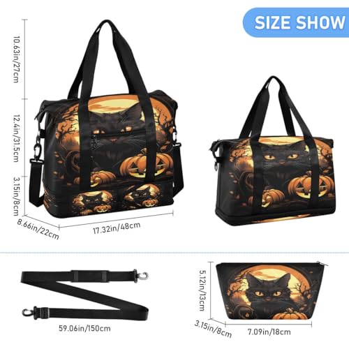 ALAZA Happy Black Cat Kitten Pumpkin Halloween Duffel Bag with Shoe Compartment Tote Bag Weekender Overnight Bag with Wet Pocket for Travel,Gym,Yoga,Swimming3