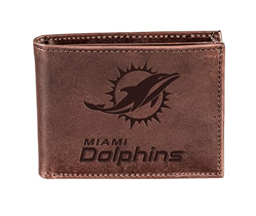 Team Sports America NFL Miami Dolphins Brown Wallet | Bi-Fold | Officially Licensed Stamped Logo | Made of Leather | Money and Card Organizer | Gift Box Included