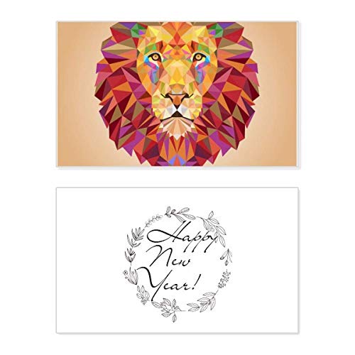 Tarjeta de felicitación de año nuevo: colorido diseño de león ilustrado y texto en inglés