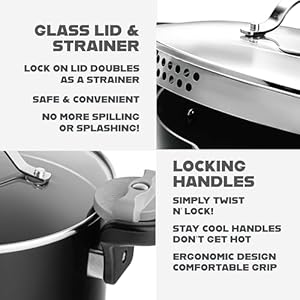 GOTHAM STEEL 5 Qt Ceramic Stock Pot Multipurpose Pasta Pot with Strainer Lid Twist and Lock Handles Nonstick Ceramic Pot for Soup Spaghetti Rice Pots for Kitchen Dishwasher Safe BLACK