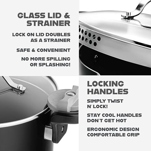 GOTHAM-STEEL-5-Qt-Ceramic-Stock-Pot-Multipurpose-Pasta-Pot-with-Strainer-Lid-Twist-and-Lock-Handles-Nonstick-Ceramic-Pot-for-Soup-Spaghetti-Rice-Pots-for-Kitchen-Dishwasher-Safe-BLACK GOTHAM STEEL 5 Qt Ceramic Stock Pot Multipurpose Pasta Pot with Strainer Lid Twist and Lock Handles Nonstick Ceramic Pot for Soup Spaghetti Rice Pots for Kitchen Dishwasher Safe BLACK