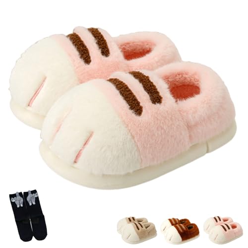 Cat Paw Slippers, Slip-On Warm Cozy 3d Cat Paw Slippers for Women, Cartoon Fluffy animal Slipper, Washable House Slipper with Anti-Slip EVA Sole