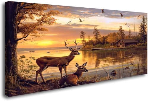 Golden Rustic Animal Deer Canvas Print Framed Vintage Wildlife Home