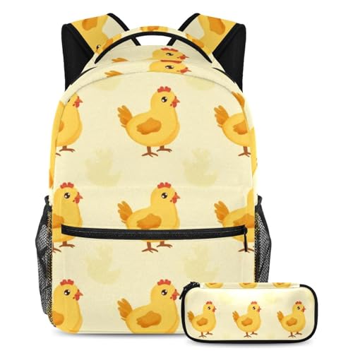 Sac à dos motif poulet avec trousse assortie pour écoliers et collégiens