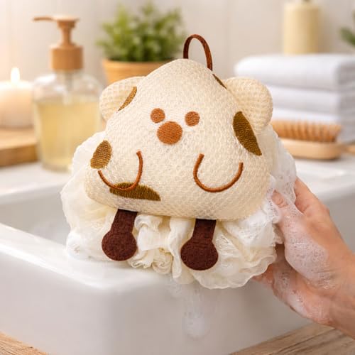 Image of Luxe Home International Bath Sponge For Kids And Adult Microfibre Soft Shower Loofah Triangle Pattern Gentle Skin Exfoliating Body Scrubber For Toddler Cream 12x11cm Pack Of 1