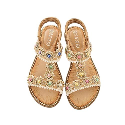 WJCRYPD Summer Comfortable Sandals Summer Bohemian Casual Sandals Fashion Ladies Round Head Crystal Flat Beach Shoes Ladies Summer Sandals All-Match Women's Shoes SurongL (Color : Apricot, Size : 9)