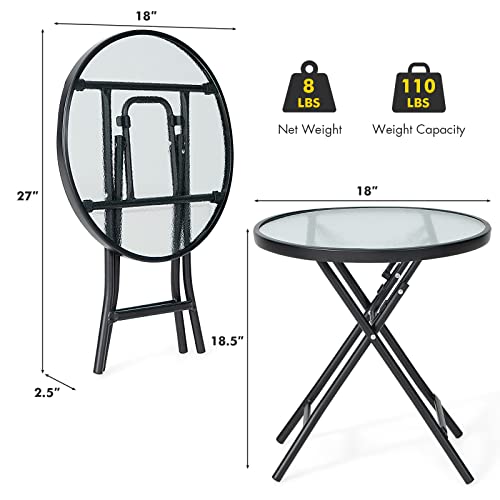 image for Giantex Folding Side Table, Round Small Patio Table, Tempered Glass Ta