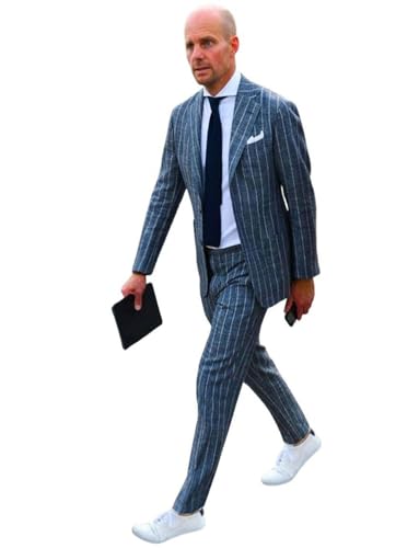 Men's Linen Stripe Suit Casual Daily Tuxedos Single Breasted Button Jacket Pants