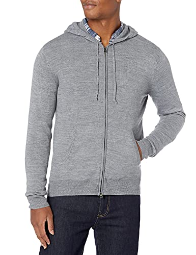 Goodthreads Lightweight Merino Wool/Acrylic Fullzip Hoodie Sweater Maglione, Grigio Erica,