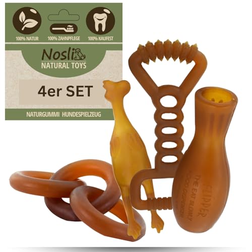 Nosli Natural Toys Hundespielzeug Set • 100% Naturkautschuk • Zahnpflege & Kauspielzeug • Robuste Wurf- & Zerrspielzeuge für kleine & große Hunde • Intelligenz- & Fitnessspielzeug – 4 Stück