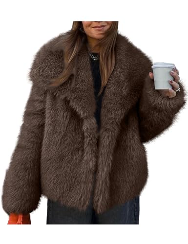 Kissonic Women Faux Fur Coat Long Sleeve Lapel Open Front Shaggy Furry Jacket Warm Fluffy Short Outwear