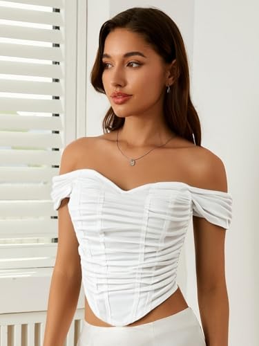 Image of Floerns Women's Off Shoulder Short Sleeve Asymmetrical Hem Ruched Corset Crop Top