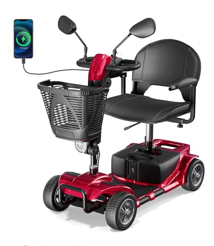 VOCIC 4 Wheel Mobility Scooter, Electric Powered Chargeable Electric Mobility Scooters, Heavy Duty Foldable Motorized Scooter with Headlight, Basket, Charger, FSA/HSA Eligible, D41 (Red)