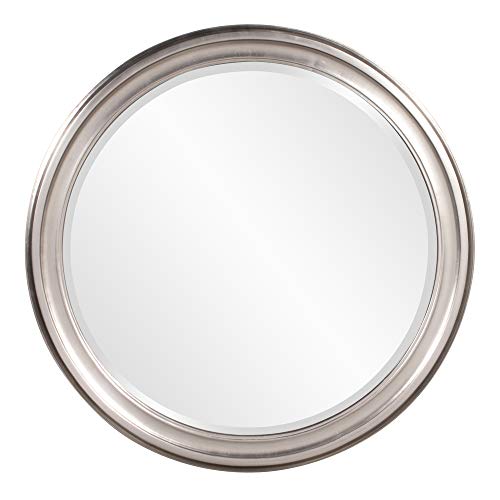 Image of Howard Elliott George Round Brushed Nickel Wall Mirror, Bevelled Vintage Hanging Wood Framed Vanity Mirrors for Home Decor, Living Room, Bathroom, Bedroom, or Hallway, 36 Inch Round
