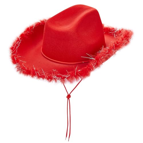 Women Cowboy Hats Cowgirl Hats for Women Men Fluffy Feather Brim Cowboy Hat for Costume Party Play Dress Up (Red ONE Size)