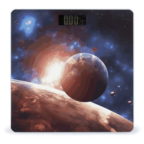 Báscula digital para baño con fondo espacial y pantalla grande