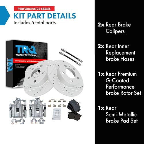 Image of TRQ Performance Rear Brake Pad and Rotor Set Semi Metallic Slotted Drilled Coated Rotors Calipers Compatible with 1999 Volkswagen Jetta