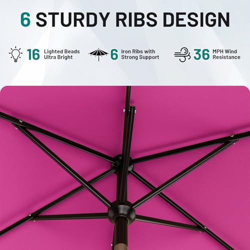 Image of AreShark 6.5' x 10' Rectangular Patio Umbrella with Solar Lights, Solar Powered Lighted Market Umbrella w /Tilt and Crank, Outdoor Table Umbrella for Garden, Deck, Backyard, Pool and Beach, Rose Pink
