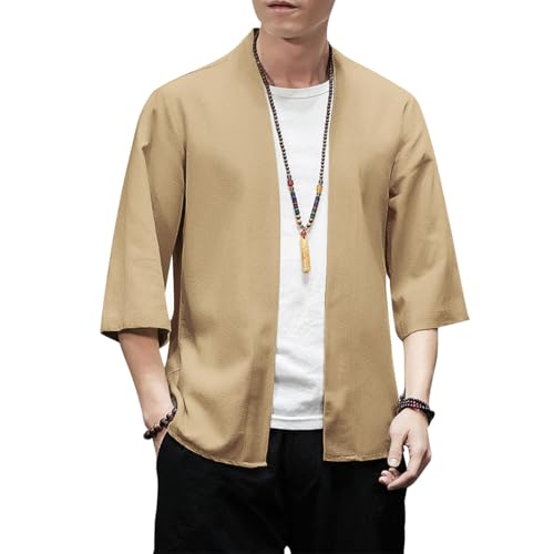 Image of PRIJOUHE Men's Kimono Jackets Cardigan Lightweight Casual Cotton Blends Linen Seven Sleeves Open Front Coat Outwear