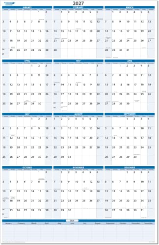 2027 Sky Blue Wet & Dry-Erasable Vertical Wall Calendar 48h x 32w with next year planning area. Complete with marker and eraser