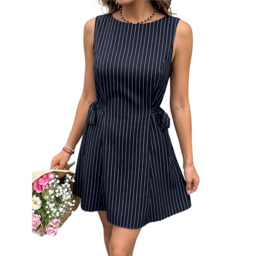 Image of Pinstripe Side Tie Sleeveless Mini Dress for Women (Navy Blue,S)