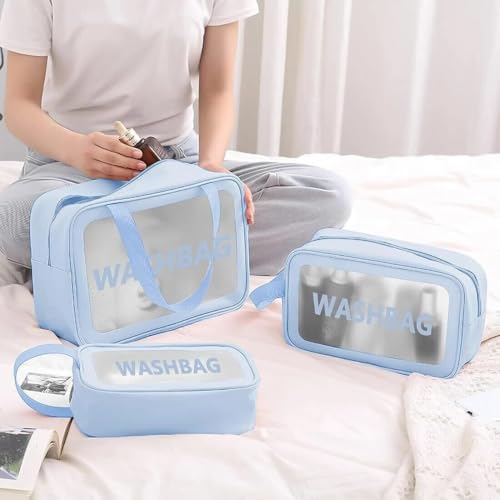 Image of Makeup Pouch Bag PVC Travel Toiletries Organizer Cosmetic Bags Wash Bag Pouch for Travel Kit Toiletry Bag Portable Organizer Case Carry Pouch for Women Bathroom Set of 3 (Blue)