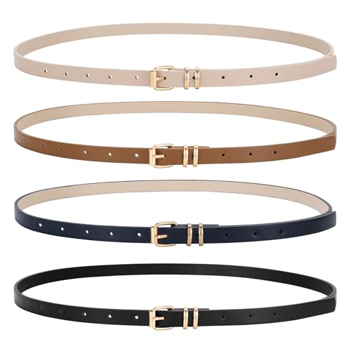 4 Pack Women Skinny Leather Belts for Dress with Gold Buckle Ladies Thin Waist Belt for Jeans Pants