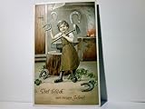  Vintage / Nostalgie. Viel Glück im neuen Jahre !. Alte, sehr schöne Ansichtskarte / Prägekarte farbig, ungel. beschrieben um 1910 / 15 ?. Schmied mit Amboss, Schmiedehammer und Hufeisen, Kleeblätt ...
