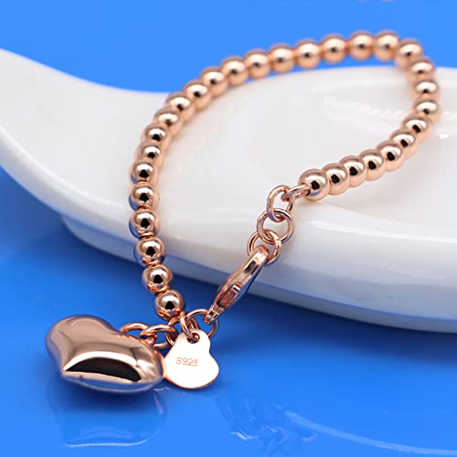 Meilanduo 925 Sterling Silver Women's 4Mm/6Mm Italian Bead Chain Bracelet With Ball / Heart Charm, Handmade Bead Italian Bracelet, Sizes 5.1" To 8.3" Inch For Women Girls (Heart Charm, 4Mm 7.1", Rose Gold-Tone) #TOP3
