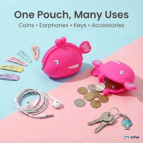 Image of FunBlast Cute Fish Shape Silicone Coin Purse for Kids & Adults - Mini Pouch for Coins, Earphones, Keys & Small Essentials, Aesthetic Pouches for Girls & Women - 12 X 9.5 X 3 Cm (Pink)