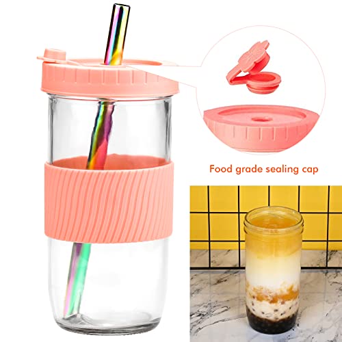 Bubble Tea Tazza, Tazza con cannucce, Set di 2 Mason Jars 730ml, Tazza Bubble Riutilizzabile, per frullati, Riutilizzabile, per Bevande, per caffè, frappè, succhi, frullati, Birra - immagine 5
