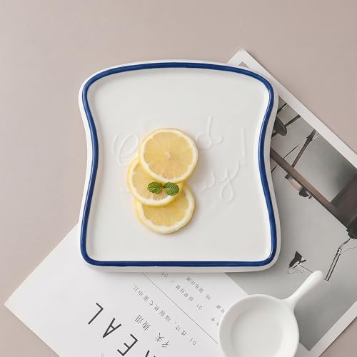 Image of Ceramic Toast Shape Serving Plate | Snack Plate for Breakfast | Decorative Dessert Plate | Microwave Safe Ceramic Plate | Unique Shaped Plate for Kitchen | Gifting Plate | Blue | 1 Piece