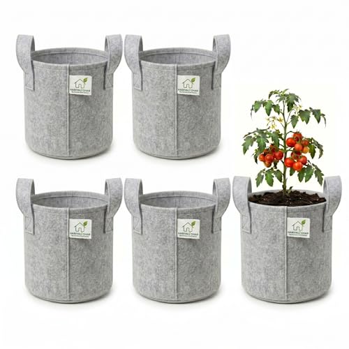 Image of 400 GSM Geo Fabric Round Grow Bags 8x8 Inch with Handle, Grey Planting Bags for Terrace and Kitchen Gardening Pack of 5