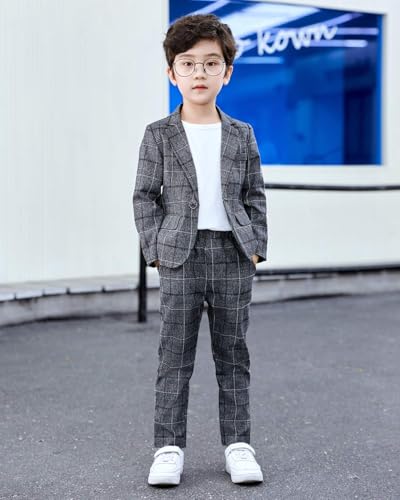 Image of lontakids Boys Plaid Blazer Pants Set Casual Suit Classic 2 Piece Outfit