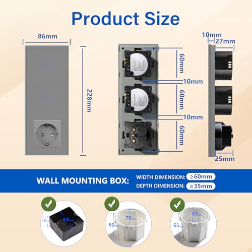 BSEED Touch Lichtschalter mit Steckdosen doppelte 1 Fach 1 Weg Wandschalter mit einer Steckdose Unterputz Touchscreen-schalter mit Glasrahmen 228mm Grau