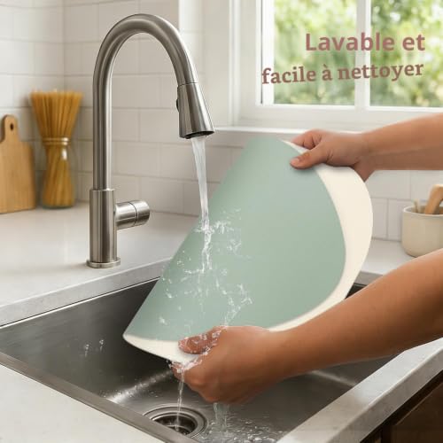 HELI MIAO Lot de 6 Sets de Table lavables et Dessous de Verre ovales - en Cuir - Lavables - Double Face - Antidérapants - Aspect Cuir - Ovale Vert Sauge+Beige crème – vue 6