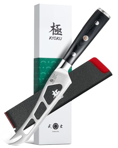 Image of KYOKU 5 in. Serrated Cheese Knife, Samurai Series Cheese Slicer with Hollow Blade Pakkawood Handle, German 1.4116 Stainless Steel Full Tang Knife for Hard Cheese with Protective Sheath & Gift Box