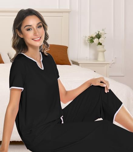 Image of NACHILA Women's Pajamas Set-Viscose Made from Bamboo,Short Sleeve Sleepwear Soft Pjs with Capri Pants Loose Loungewear
