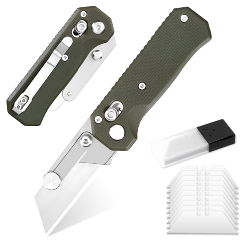 Image of Folding Pocket Utility Knife with 10Pcs Blades, EDC Quick Change Box Cutter with Clip Rail Lock, Green Razor Knife for Men Office Factory Work