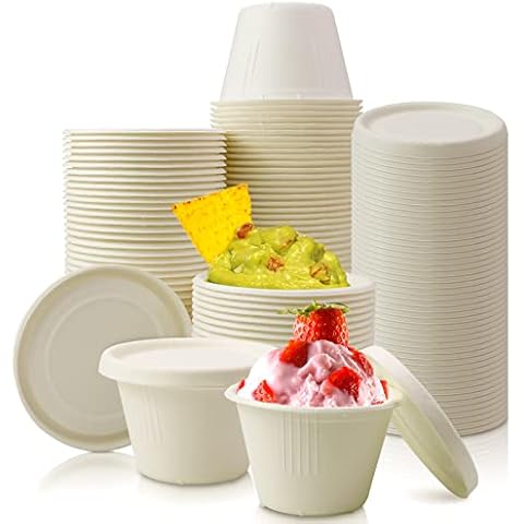 Vmiapxo 100 Pack 4oz Disposable Paper Cups with Lids, Ice Cream Cups, Natural Bagasse Fiber Recycleable Paper Bowls for Small Portion Condiments, Sauce, Souffle Cover