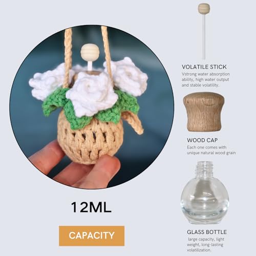 Image of ROFIGL Handmade Crochet Hanging Car Air Freshener - Pure Elegant White Rose Design, 12ml Refillable Thick Glass Bottle, Car Diffuser for Rearview Mirror, Home & Office Minimalist Decor