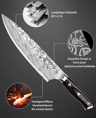 MOSFiATA Kochmesser, Klingenlänge 20 cm Chefmesser Fleischmesser Profi Messer Küchenmesser aus...