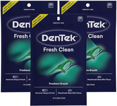 Image of DenTek Fresh Clean Floss Picks, Extra Tight Teeth Dental Flossers, Freshens Breath, Removes Plaque and Food, Mouthwash Blast Mint Flavor, 75 Count (Pack of 36)