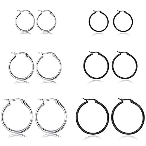 6 Pairs Black Silver Hoop Earrings for Women Men, Small ...