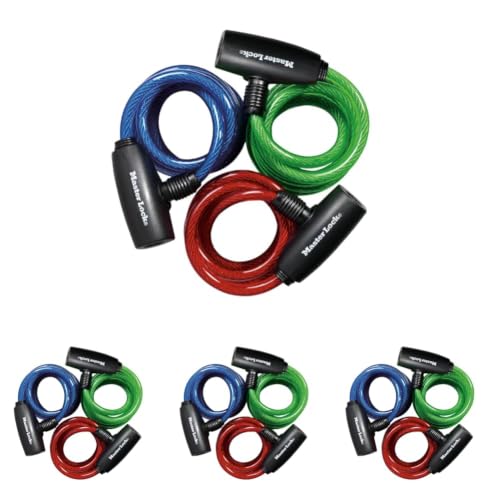 Image of Master Lock Bike Lock Cables with Key, Blue, Green, and Red 3-Count of Keyed-Alike Bicycle Cable Locks, 6 ft. Long, 8127TRI (Pack of 4)