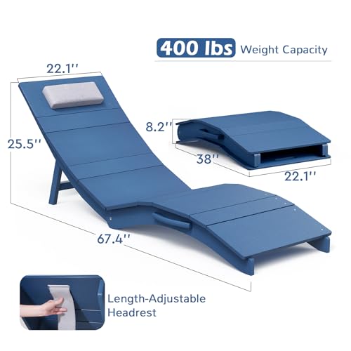 Image of Stoog Folding Pool Lounge Chairs Set of 2, Heavy Duty HIPS Anti-Floating Outdoor Chaise with Headrest for Hotel, Beach, Sun Deck, Blue